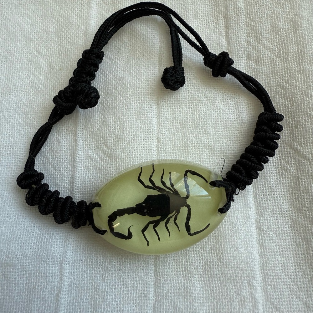 Real Insect Glow In The Dark Black Macramé Cord Bracelet with Scorpion in resin.